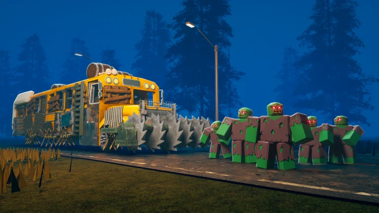 The armored yellow Last Stop bus facing zombies on a blue forest road