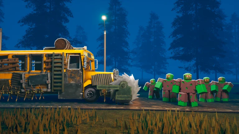 The Last Stop bus beside zombies on a forest road